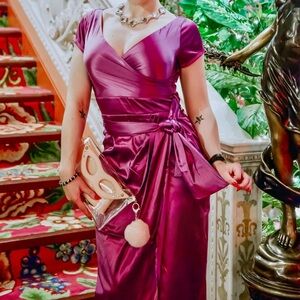 Elegant Pinup Couture Purple Satin Midi Retro Wiggle Dress